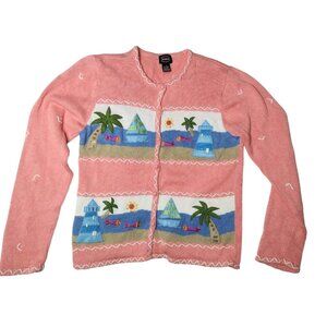 Designers Originals Studio Seaside Beaded Cardigan Sweater Sz M Coastal Grandma